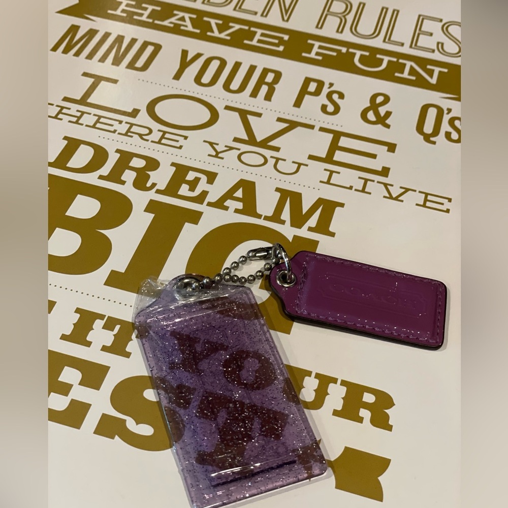 COACH EUC Poppy Purple Patent Leather AND Purple Clear Sparkle Hangtag Set Of 2 - Picture 6 of 9